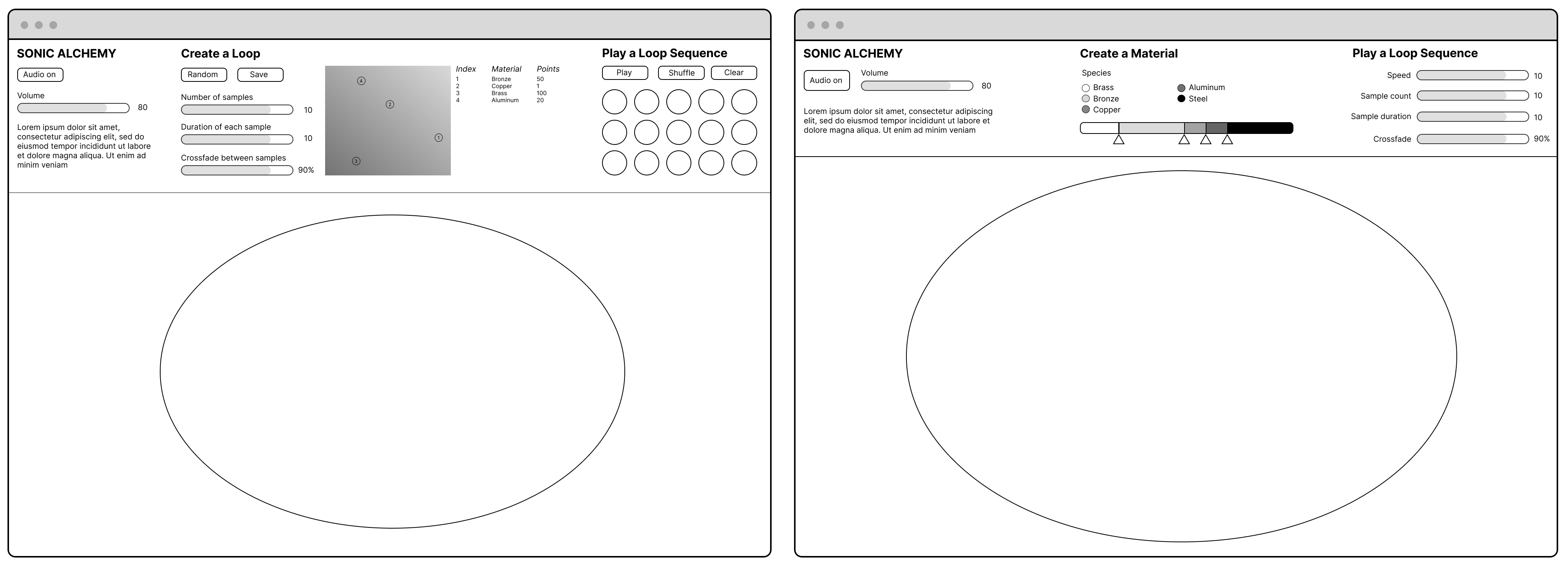Two wireframes depicting early interface designs for Metal Sampler